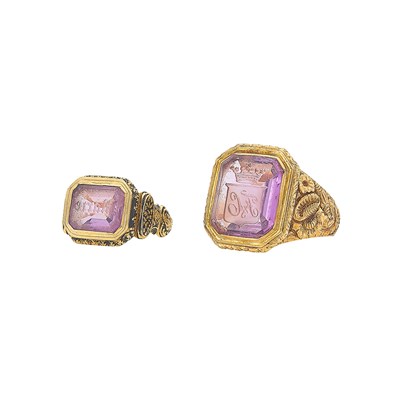 Lot 2205 - Two Antique Gold, Amethyst Intaglio and Black Enamel Rings