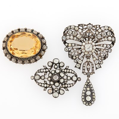 Lot 2239 - Georgian Silver, Gold and Diamond Brooch, Silver and Paste Brooch, France, and Silver and Citrine Brooch