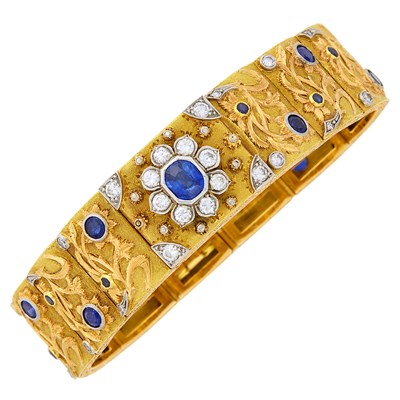 Lot 91 - Piaget for Cazzaniga Two-Color Gold, Platinum, Sapphire and Diamond Bracelet-Watch, Ref. 3101