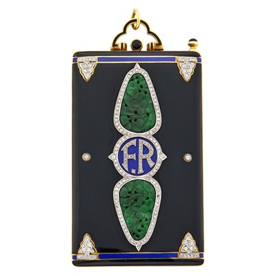 Lot 185 - Cartier Art Deco Gold, Platinum, Enamel, Carved Jade and Diamond Vanity