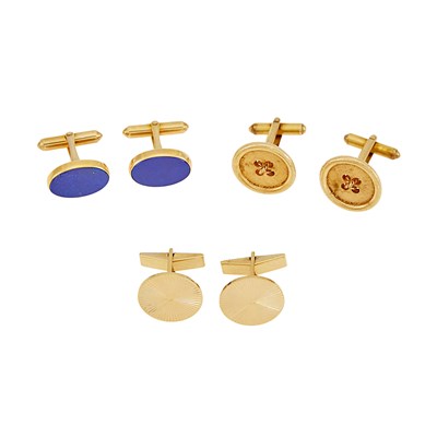 Lot 1272 - Three Pairs of Gold and Lapis Cufflinks