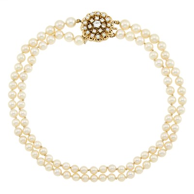 Lot 1084 - Double Strand Cultured Pearl Necklace with Gold and Diamond Clasp