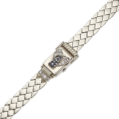 Lot 1076 - Retro White Gold, Sapphire and Diamond Wristwatch