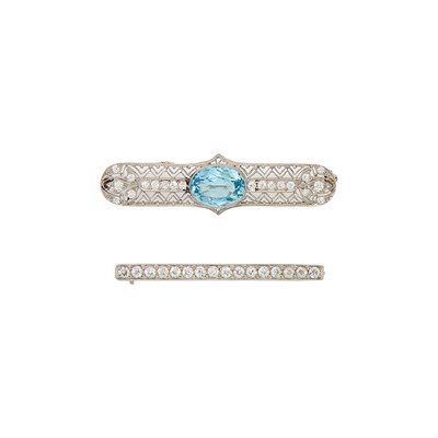 Lot 1136 - Platinum, Aquamarine and Diamond Bar Pin and Diamond Bar Pin