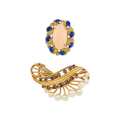 Lot 1248 - Gold, Coral, Lapis and Diamond Ring and Cultured Pearl and Sapphire Brooch