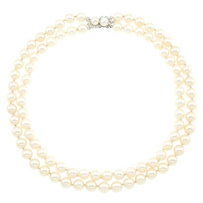 Lot 1108 - Double Strand Cultured Pearl Necklace with White Gold, Cultured Pearl and Diamond Clasp