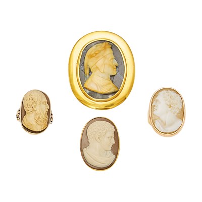 Lot 2119 - Three Gold, Low Karat Gold and Cameo Rings and Brooch