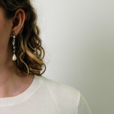 Lot 166 - Pair of Platinum, Diamond and Natural Pearl Pendant-Earclips