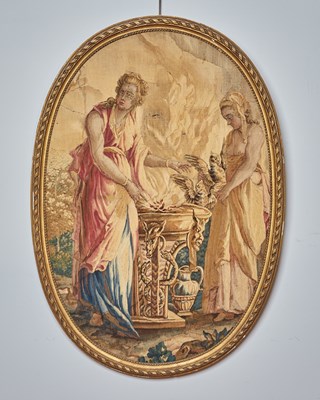 Lot 371 - Louis XVI Aubusson Tapestry Depicting Vestal Virgins in an Oval Giltwood Frame