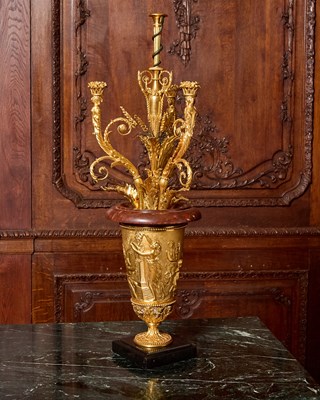 Lot Restauration Gilt Patinated-Bronze and Marble Five-Light Candelabrum