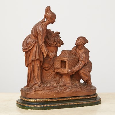 Lot 216 - French or Belgian Terracotta Chinoiserie Sculpture of a Woman with a Bird