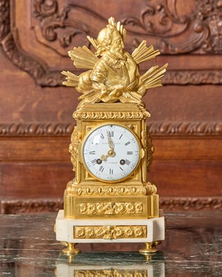 Lot 242 - Louis XVI Gilt-Bronze and White Marble Figural Mantel Clock
