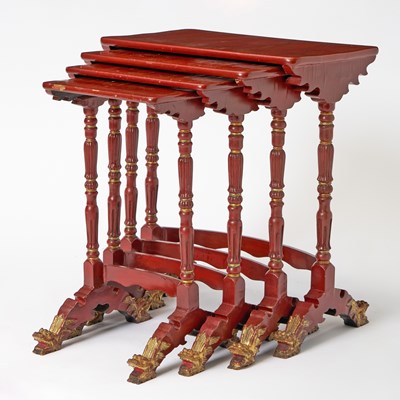 Lot 193 - Set of Four Chinese Export Red Lacquered Quartetto Tables