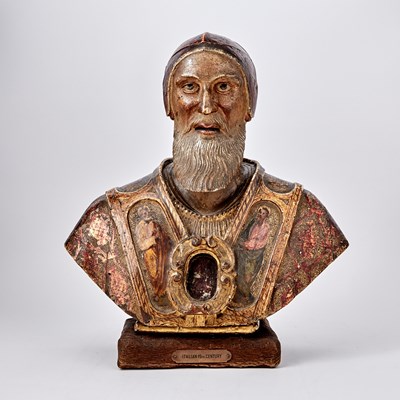 Lot 305 - Italian Carved and Polychrome Painted Wood Reliquary Bust of a Priest