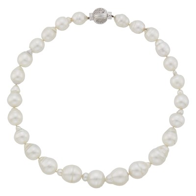 Lot 101 - South Sea Baroque Cultured Pearl Necklace with White Gold and Diamond Ball Clasp