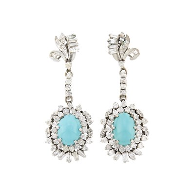 Lot 107 - Pair of White Gold, Turquoise and Diamond Pendant-Earrings