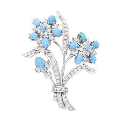 Lot 108 - White Gold, Turquoise and Diamond Floral Brooch