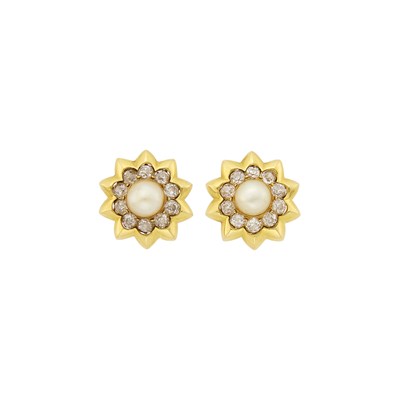 Lot 97 - Pair of Gold, Natural Button Pearl and Diamond Flower Earclips