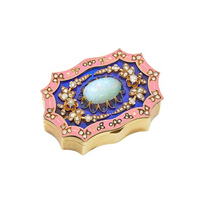 Lot 2255 - Gold, Silver, White Opal, Enamel and Diamond Box