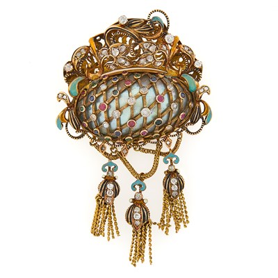 Lot 2246 - Gold, Gray Blister Pearl, Enamel, Diamond and Gem-Set Fringe Brooch