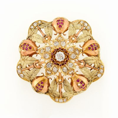 Lot 2238 - Tricolor Gold, Diamond and Ruby Flower and Leaves Pendant-Brooch