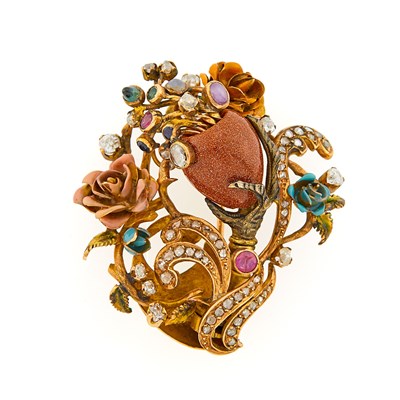 Lot 2231 - Gold, Silver, Goldstone, Enamel, Gem-Set and Diamond Flower Brooch