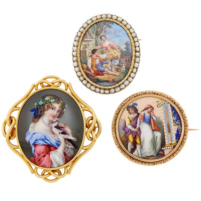 Lot 2202 - Three Gold, Painted Portrait and Seed Pearl Pins