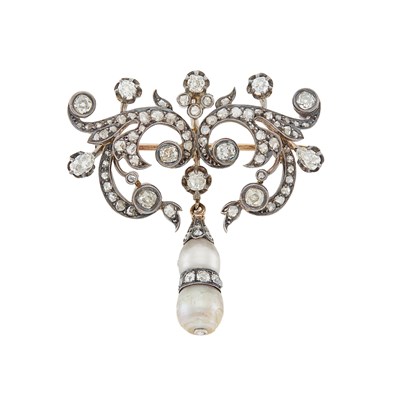 Lot 1147 - Antique Gold, Silver, Pearl and Diamond Pendant-Brooch