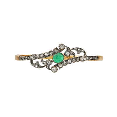 Lot 1146 - Antique Gold, Silver, Cabochon Emerald and Diamond Bangle Bracelet