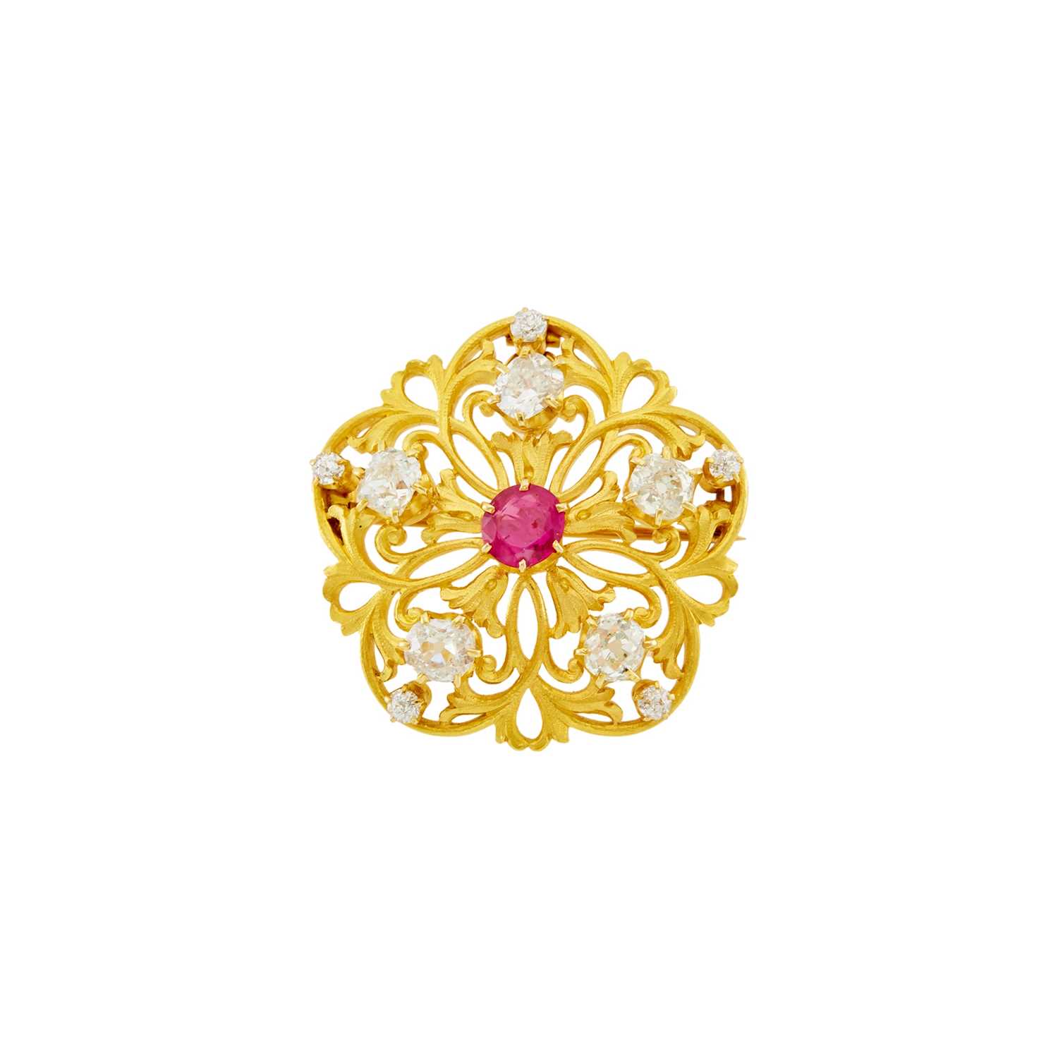 Lot 1137 - Tiffany & Co. Antique Gold, Ruby and Diamond Brooch