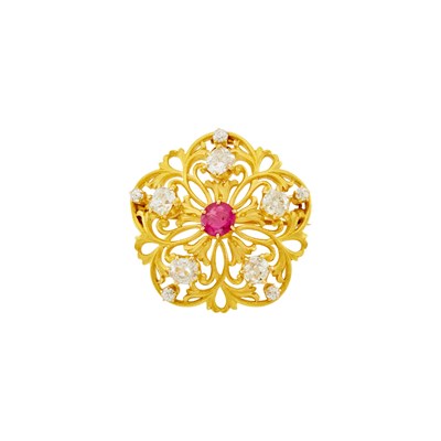 Lot 1137 - Tiffany & Co. Antique Gold, Ruby and Diamond Brooch