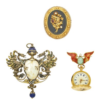 Lot 2244 - Antique Gold, Carved Turquoise Scarab and Enamel Lapel-Brooch, Gold Brooch and Metal and Pearl Pendant