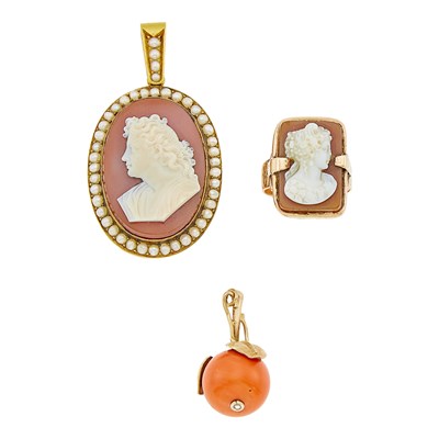 Lot 1194 - Gold, Sardonyx Cameo and Split Pearl Ring and Pendant and Coral Pendant