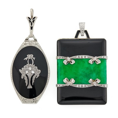 Lot 2241 - White Gold, Black Onyx and Diamond Pendant and Black and Green Enamel and Diamond Locket Pendant