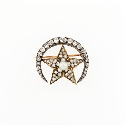 Lot 2207 - Antique Gold, Silver, Pearl and Diamond Star and Crescent Brooch