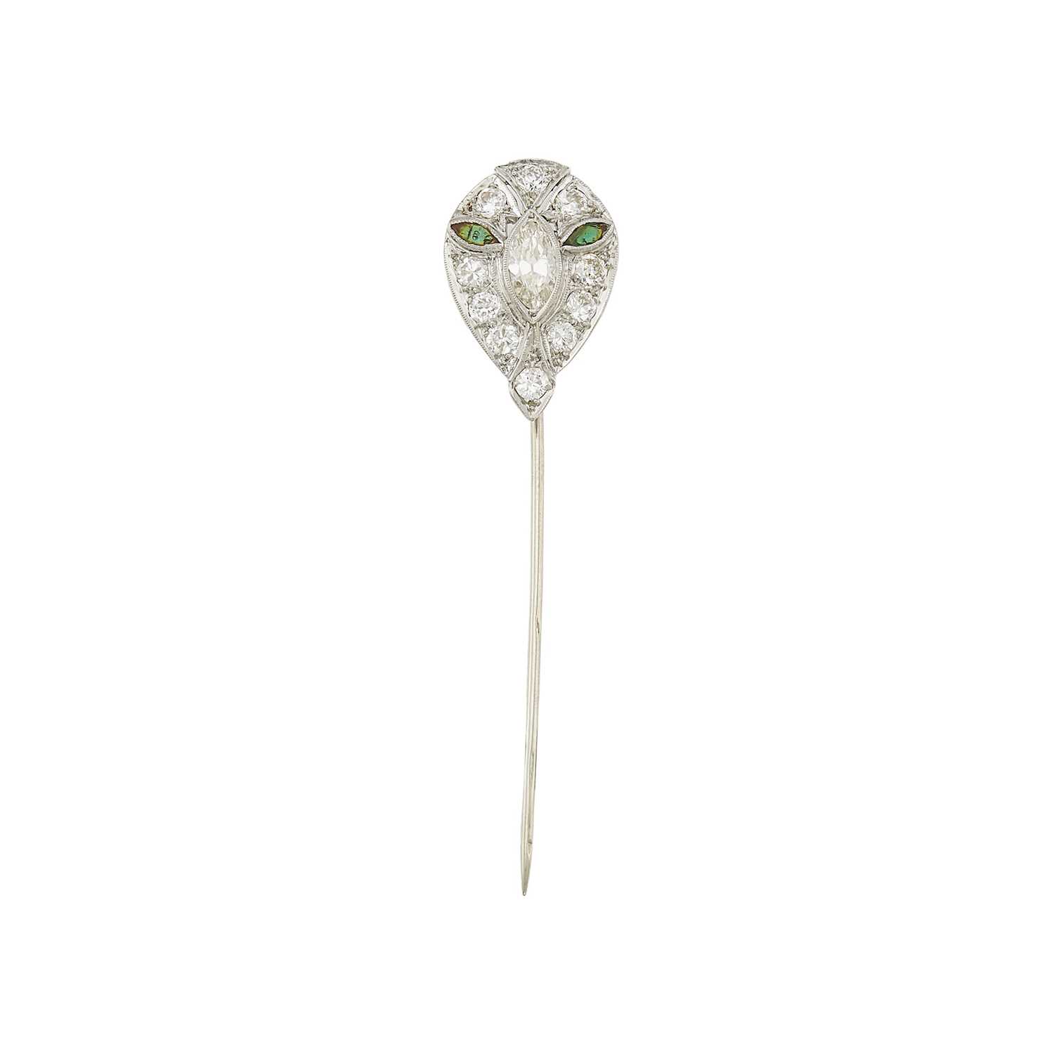 Lot 1142 - Platinum, Diamond and Simulated Emerald Stick Pin