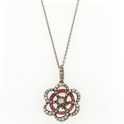 Lot 2222 - Silver, Gold, Diamond and Ruby Pendant with White Gold Chain Necklace