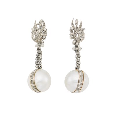 Lot 1104 - Pair of Silver, Mabé Pearl and Diamond Pendant-Earrings