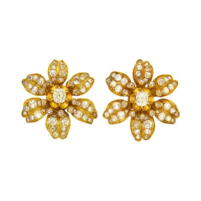 Lot 43 - Pair of Antique Gold and Diamond Flower Earclips