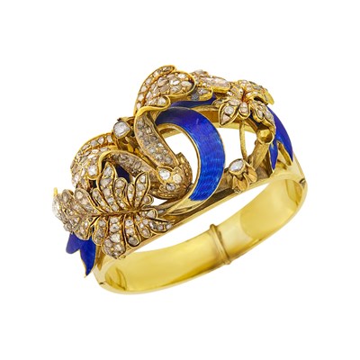 Lot 1014 - Antique Gold, Blue Enamel and Diamond Flower and Leaf Bangle Bracelet