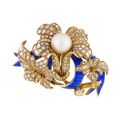 Lot 107 - Antique Gold, Natural Button Pearl, Blue Enamel and Diamond Flower Brooch