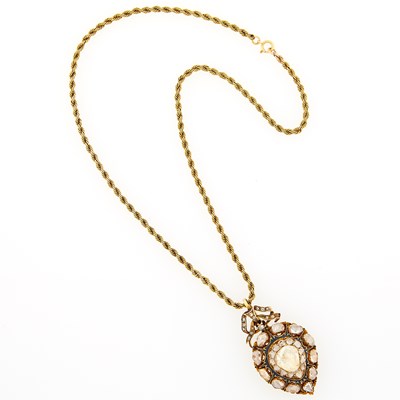 Lot 2227 - Antique Gold, Foil-Backed Diamond and Black Enamel Pendant with Rope-Twist Chain Necklace