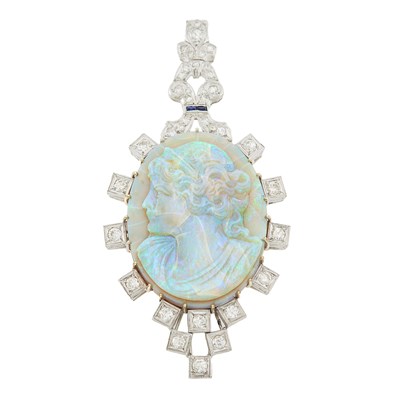 Lot 1141 - Platinum, Carved Opal Cameo and Diamond Pendant