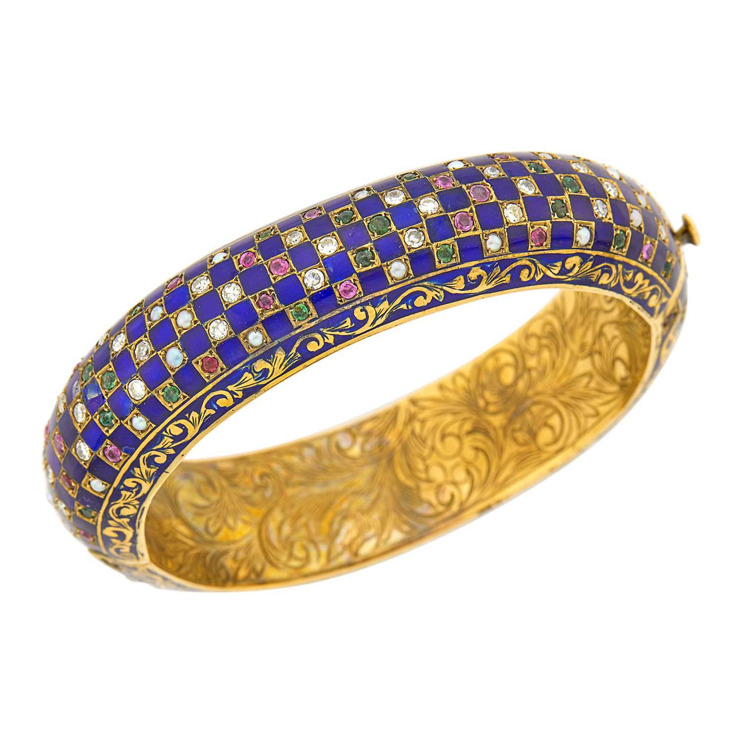 Lot 1012 - Antique Gold, Blue Enamel, Gem-Set, Split Pearl and Diamond Bangle Bracelet