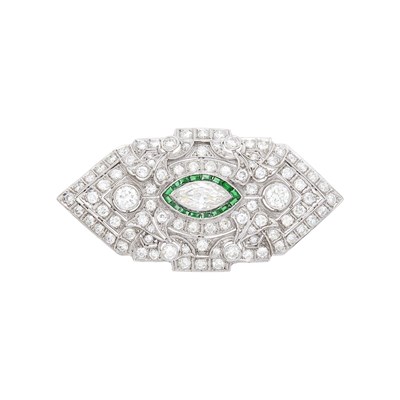 Lot 1131 - Platinum, Diamond and Simulated Emerald Brooch