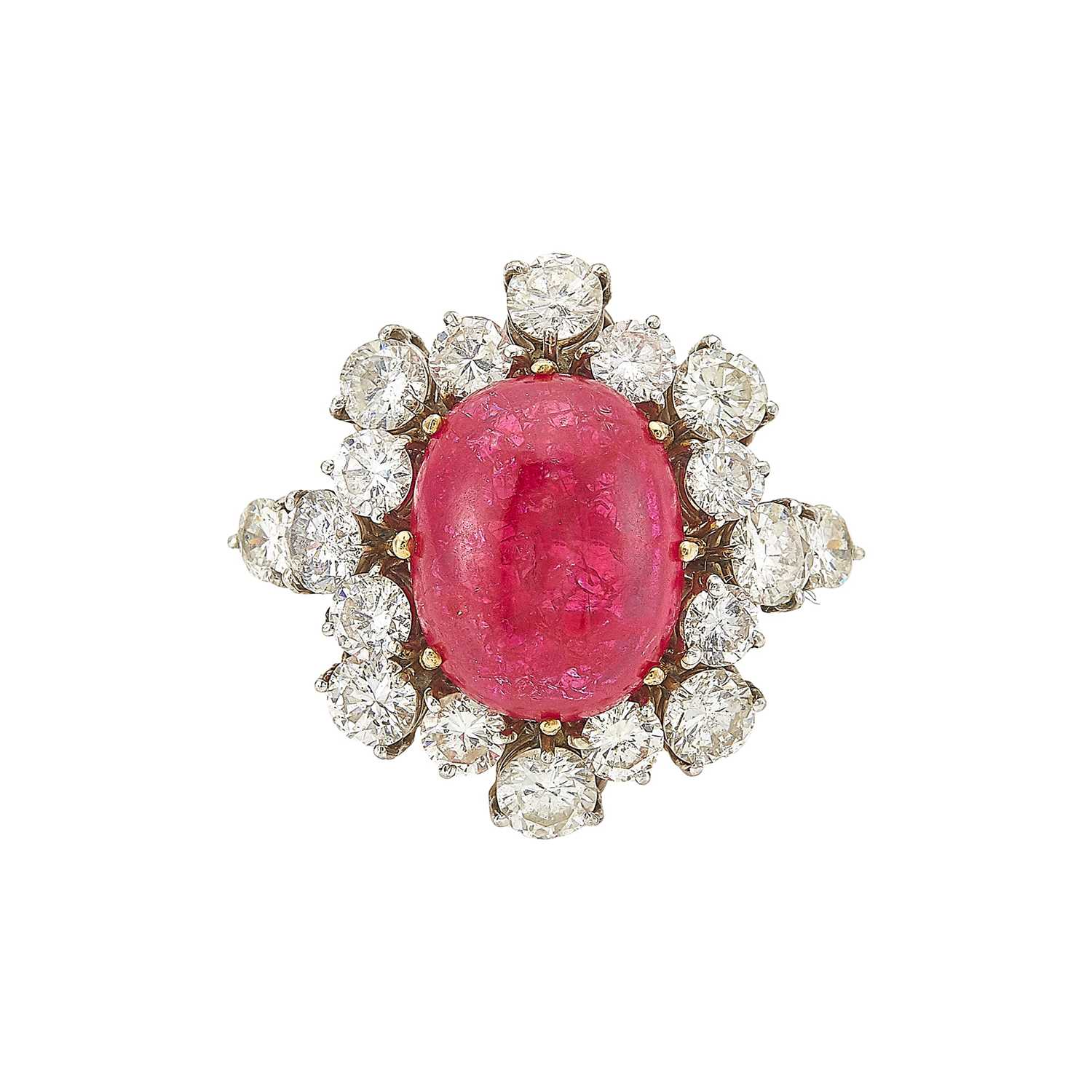 Lot 1096 - Two-Color Gold, Cabochon Ruby and Diamond Ring