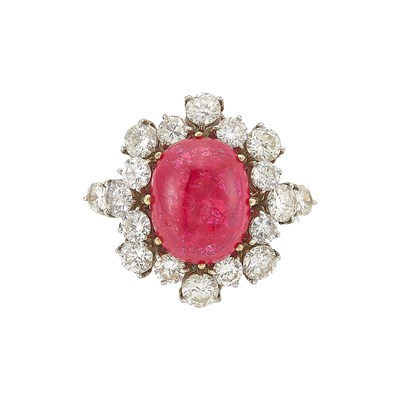 Lot 2247 - Two-Color Gold, Cabochon Synthetic Ruby and Diamond Ring