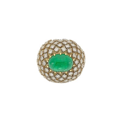 Lot 1053 - Gold, Cabochon Emerald and Diamond Dome Ring