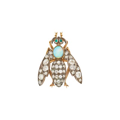 Lot 1177 - Antique Gold, Silver, Diamond, White Opal and Emerald Bee Brooch