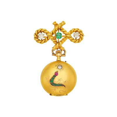 Lot 1007 - Antique Gold, Emerald, Ruby and Diamond Lizard Lapel-Watch